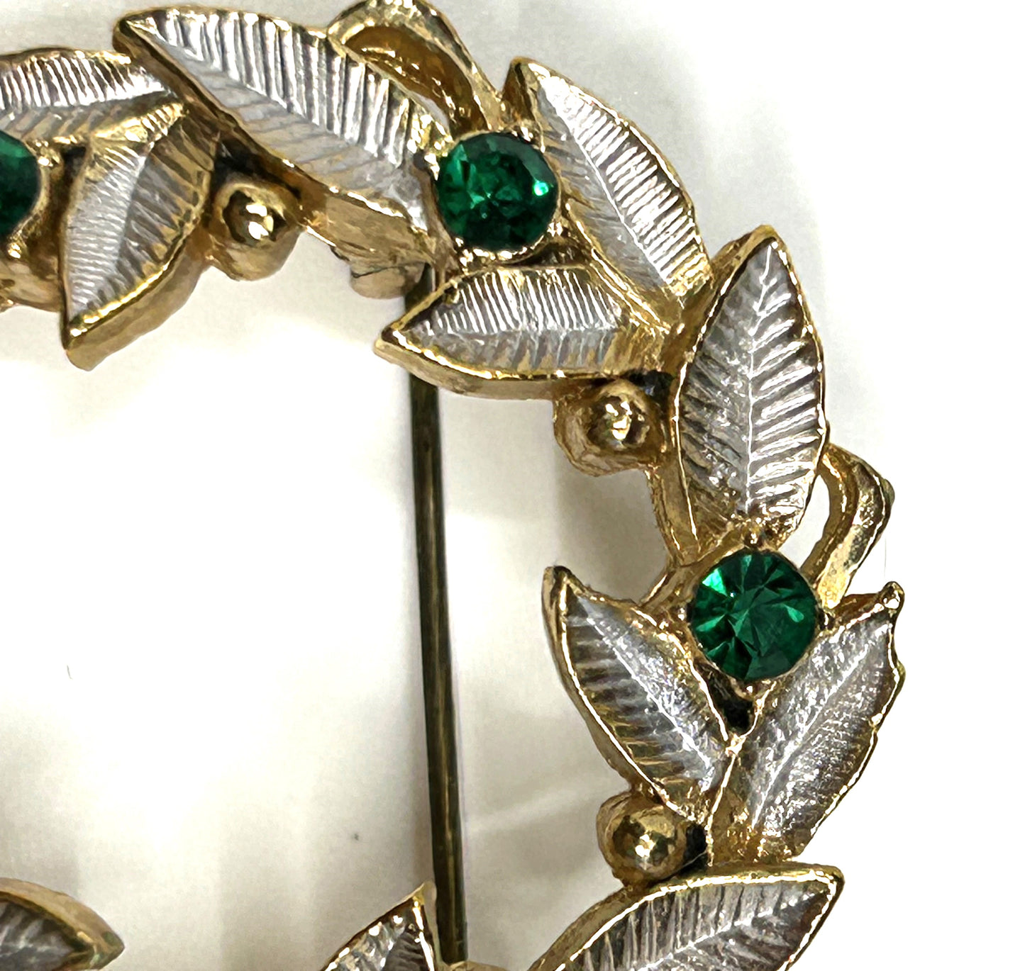 Vintage Gold and Silver Tone Wreath with Faux Emeralds Brooch