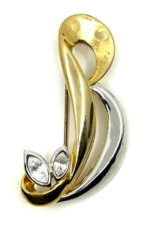 Vintage Two Tone Gold and Silver Letter B Brooch w/faux Diamonds
