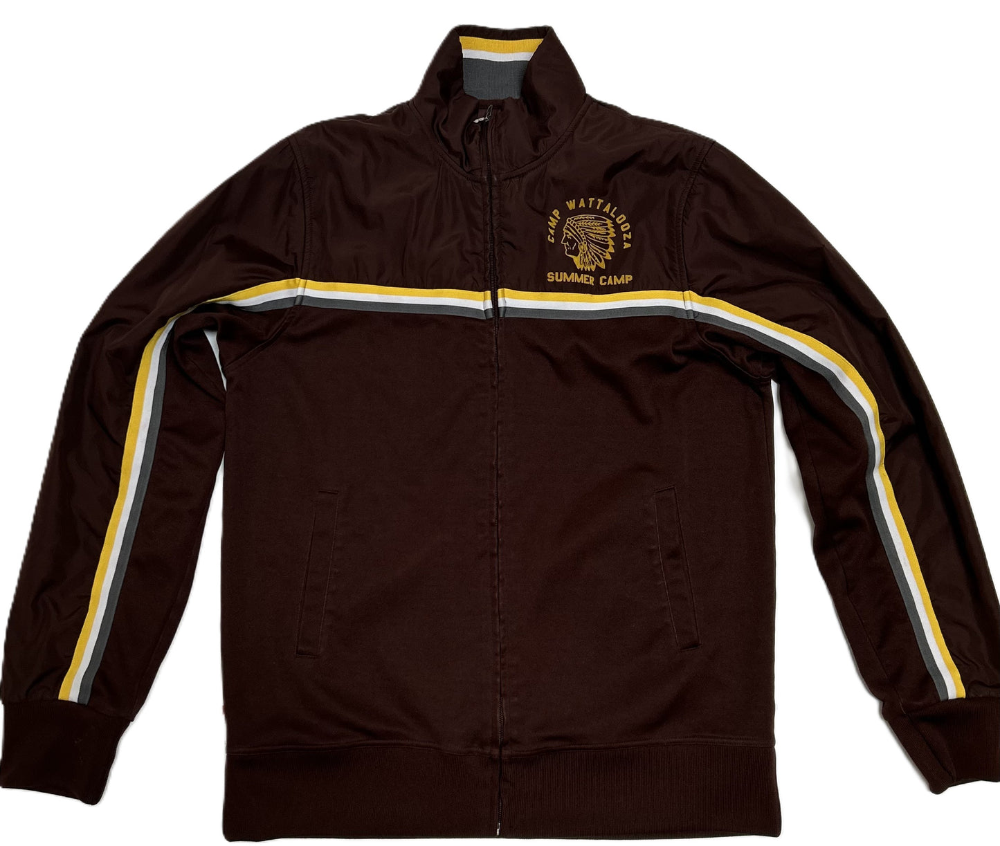 David & Goliath Camp Wattalooza Summer Camp Brown Yellow Striped Track Jacket Men's