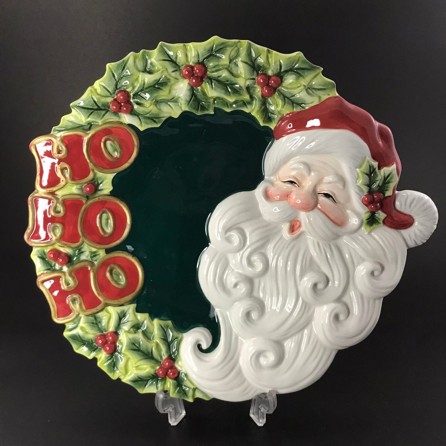 Fitz and Floyd Essentials Ceramic Ho Ho Ho Santa Claus Face Christmas Holly Wreath Décor Plate