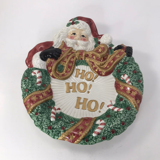 Fitz and Floyd Essentials Ceramic HO HO HO Santa Claus Hugging a Christmas Wreath Décor Plate