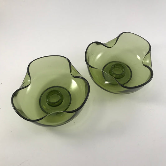 Mid Century Anchor Hocking Green Pinched Glass Candle Holders Set of 2
